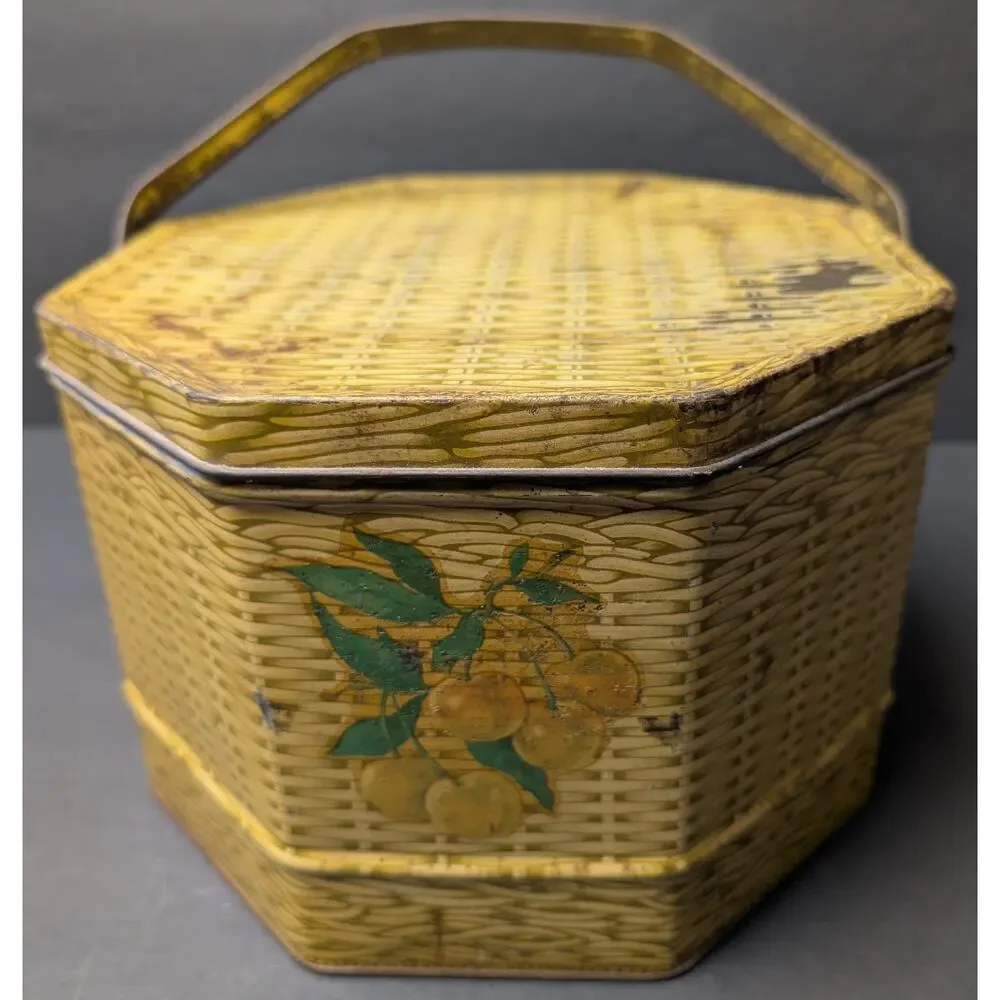 Vtg Yellow Basket Weave Tin LOOSE-WILES BISCUIT CO Cottage Rustic Country Granny
